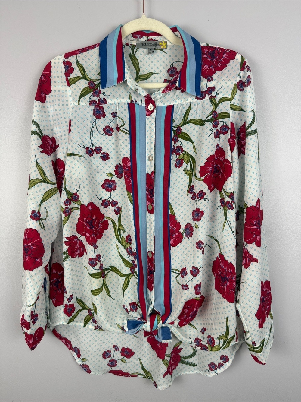 Figueroa & Flower Button-Front Floral Geometric Tie-Hem Medium Shirt Red Floral - Picture 2 of 12